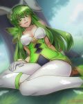  1girl animal_ears bunny_ears commentary_request day fake_animal_ears fire_emblem fire_emblem:_monshou_no_nazo fire_emblem_heroes flower gloves grass green_eyes green_hair hair_flower hair_ornament headband highres long_hair nintendo open_mouth outdoors paola sitting solo sting_chameleao tree white_gloves white_headband white_legwear 