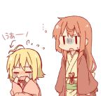  2girls ahoge blonde_hair blush buratei_marii daitirumoesu haroukitei_kigurumi japanese_clothes joshiraku long_hair multiple_girls open_mouth red_hair short_hair 