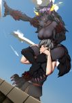  1boy 1girl animal_ears black_hair black_sclera breasts carrying carrying_over_shoulder claws elakan excited fur happy hellhound highres large_breasts monster_girl monster_girl_encyclopedia nail open_mouth paws pointing pointing_forward pointing_up red_eyes smile 