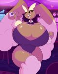  2019 anthro big_breasts blush bow_tie breasts brown_fur bunny_costume casino cleavage clothed clothing costume digital_media_(artwork) female fur hi_res huge_breasts kilinah lagomorph lopunny mammal nintendo open_mouth pok&eacute;mon pok&eacute;mon_(species) solo video_games 