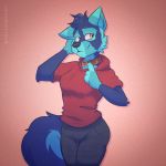  2019 absurd_res anthro blue_fur breasts canid canine canis clothed clothing collar crossgender digital_media_(artwork) domestic_dog female fur hair hi_res hoodie hybrid jeans mammal pants riptide short_hair simple_background solo wolfdog yellow2kat yellow_eyes 
