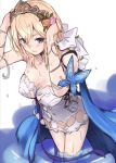  1girl bare_shoulders blonde_hair blue_eyes blush breasts cleavage closed_mouth collarbone dress europa_(granblue_fantasy) flower granblue_fantasy hair_between_eyes hair_flower hair_ornament looking_at_viewer short_hair simple_background smile solo tiara white_dress 
