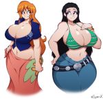  2girls ass bare_arms bare_shoulders barefoot black_hair blue_eyes breasts brown_eyes cleavage curvy dress huge_breasts large_breasts legs long_dress long_hair multiple_girls nami_(one_piece) navel nico_robin one_piece orange_hair ponytail smile socks sunglasses sunglasses_on_head thick_thighs thighs tied_hair wide_hips 