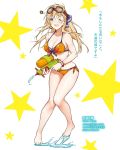  1girl ;d barefoot bikini blonde_hair blush breasts character_name cleavage collarbone feet floating_hair full_body gamers! goggles goggles_on_head green_eyes gun highres holding holding_gun holding_weapon long_hair medium_breasts novel_illustration official_art one_eye_closed open_mouth orange_bikini print_bikini saboten shiny shiny_skin side-tie_bikini sideboob smile solo standing star starry_background swimsuit tendou_karen water_gun weapon white_background 