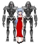  1girl absurdres bare_shoulders battlestar_galactica black_shoes blue_eyes blue_hair centurion_(battlestar_galactica) commission crossover cylon cylon_centurion dress gundam gundam_build_divers hair_intakes highres light_blue_hair long_hair looking_at_viewer plain_background red_dress red_visor robot robots sarah_(gundam_build_divers) science_fiction smile superalvichan 