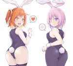  2girls absurdres alternate_costume animal_ears artist_request ass bare_shoulders blush breasts bunny_ears bunny_tail bunnysuit fate/grand_order fate_(series) from_behind fujimaru_ritsuka_(female) hair_over_one_eye heart highres large_breasts leotard looking_at_viewer looking_back mash_kyrielight multiple_girls open_mouth orange_eyes orange_hair pantyhose purple_eyes purple_hair shiny shiny_clothes shiny_hair shiny_skin short_hair side_ponytail sideboob smile spoken_blush spoken_heart tail thighhighs 