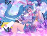  1girl animal_ears aqua_eyes aqua_hair basket bug bunny_ears butterfly cloud collar easter easter_egg egg floating_hair flower gloves hair_between_eyes hatsune_miku insect lavender_(flower) lim_jaejin long_hair looking_at_viewer midriff navel open_mouth outdoors petals single_thighhigh sky solo swing swinging thighhighs twintails very_long_hair vocaloid white_gloves white_legwear 