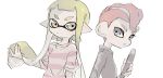  1boy 1girl cellphone closed_mouth domino_mask green_hair grey_eyes grey_shirt hand_up highres holding holding_phone inkling long_hair long_sleeves mask miyashiro mohawk octarian octoling orange_eyes phone pointy_ears red_hair shirt short_hair short_sleeves simple_background smartphone smartphone_case splatoon splatoon_(series) splatoon_2 striped striped_shirt tentacle_hair upper_body v-shaped_eyebrows white_background 
