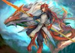  1boy blue_sky dragon dragon_boy full_body haku_(shirogane) highres holding holding_spear holding_weapon horns lizard_tail long_hair looking_at_viewer outdoors pixiv_fantasia_last_saga pointy_ears polearm red_hair sky solo spear standing tail very_long_hair weapon 