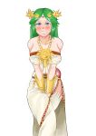  1girl absurdres bare_shoulders belt between_legs biku blue_eyes blush breasts circlet clenched_teeth collarbone dress embarrassed female green_hair hand_between_legs have_to_pee highres jewelry kid_icarus large_breasts long_hair necklace nintendo palutena pelvic_curtain shiny shiny_hair simple_background skindentation solo standing strapless strapless_dress sweat teeth thighhighs trembling v_arms vambraces white_background white_dress white_legwear 