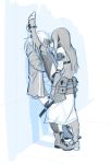  2girls against_wall blue_theme boots covering_face girls_frontline gloves greaves jacket leaning_back leg_lift long_hair m4a1_(girls_frontline) maiqtells monochrome multiple_girls pouch sidelocks sketch st_ar-15_(girls_frontline) standing standing_on_one_leg thighhighs wall_slam 