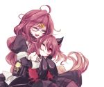  2girls :d ahoge bare_shoulders braid dorothy_(sinoalice) dress eyebrows_visible_through_hair eyes_closed fixakaraka hair_intakes hair_ornament hairclip highres hug long_hair looking_at_another messy_hair multiple_girls nightmare_(sinoalice) one_eye_closed open_mouth puffy_sleeves purple_hair red_eyes sheila_cutting_criminal sinoalice sleeves_past_wrists smile upper_teeth white_background 