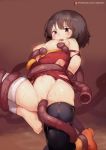  1girl arms_behind_back bandage bandaged_leg bandages bare_arms bare_shoulders barefoot black_legwear blush boots breasts brown_footwear brown_hair commentary deru06 english_commentary eyebrows_visible_through_hair kono_subarashii_sekai_ni_shukufuku_wo! megumin navel nipples patreon_username pussy rape red_eyes restrained short_hair simple_background single_boot small_breasts solo tentacle thighhighs torn_clothes upper_teeth 