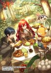  1boy 2girls alcohol apron artist_name basket beer black_hair brown_jacket cabbage cherry_tomato copyright_request cravat day dutch_angle eating egg eyes_closed fairy food food_request forest fork fox hair_between_eyes hood hood_down jacket long_sleeves meat mito_itsuki multiple_girls nature official_art open_mouth outdoors red_eyes red_hair sitting soy_sauce spoon stool tablecloth tree tree_stump 