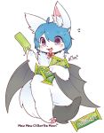  anthro arctic_fox blue_hair blush canid canine chikorita_moon chiropteran eating food fox fur green_popsicle hair hi_res hybrid jewelry kemono mammal necklace nude open_mouth popsicle purple_eyes simple_background smile solo white_background white_fur 