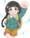  1girl :d aran_sweater arm_up backpack bag bangs black_hair blush braid brown_shorts clenched_hands collared_shirt ddak5843 eyebrows_visible_through_hair green_sweater grey_eyes idolmaster idolmaster_cinderella_girls long_hair open_mouth outstretched_arm shirt short_shorts shorts single_braid smile solo sweater ujiie_mutsumi v-shaped_eyebrows very_long_hair white_background white_shirt 