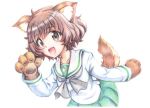  1girl :d akiyama_yukari animal_ears bangs black_neckwear blouse brown_eyes brown_hair colored_pencil_(medium) commentary_request dog_ears dog_tail eyebrows_visible_through_hair fake_animal_ears fake_tail girls_und_panzer green_skirt kazami_satoru leaning_forward long_sleeves looking_at_viewer messy_hair miniskirt neckerchief ooarai_school_uniform open_mouth paw_pose pleated_skirt school_uniform serafuku short_hair simple_background skirt smile solo standing tail traditional_media upper_body waving white_background white_blouse 