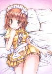  1girl alternate_costume animal_print apron bangs bear_print blush boko_(girls_und_panzer) bow bowtie brown_eyes brown_hair coco&#039;s colored_pencil_(medium) eyebrows_visible_through_hair frilled_apron frilled_skirt frills futon girls_und_panzer hair_bow hand_to_own_mouth head_tilt kazami_satoru light_smile looking_at_viewer lying maid_headdress millipen_(medium) miniskirt navel nishizumi_miho on_back on_bed pillow pleated_skirt print_skirt puffy_short_sleeves puffy_sleeves shirt short_hair short_sleeves single_horizontal_stripe skirt solo thighs traditional_media waist_apron waitress white_apron white_bow yellow_neckwear yellow_shirt 