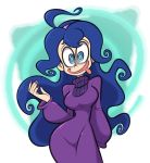  abstract_background breasts crazy_eyes creatures_(company) dark_blue_hair dress game_freak hex_maniac_(pokemon) highres large_breasts long_hair long_sleeves nintendo pokemon pokemon_(game) pokemon_xy purple_dress shenanimation tongue tongue_out 
