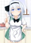  1girl absurdres apron arm_up bending_forward black_neckwear blue_eyes blurry bow bowtie breasts collarbone commentary_request counter cowboy_shot daru_(kumakumadon) depth_of_field eyebrows_visible_through_hair faucet frown furrowed_eyebrows ghost_print green_skirt green_vest hair_between_eyes hair_ribbon hand_on_hip highres index_finger_raised kitchen konpaku_youmu konpaku_youmu_(ghost) looking_at_viewer medium_breasts pot puffy_short_sleeves puffy_sleeves ribbon short_hair short_sleeves silver_hair skirt solo standing tile_wall tiles touhou vest window 