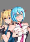 2girls aqua_eyes arm_warmers artist_request bare_shoulders between_breasts blonde_hair blue_eyes blue_hair blush breast_grab breasts dead_or_alive dead_or_alive_6 deep_skin embarrassed fingerless_gloves glasses gloves grabbing hair_ornament hair_ribbon hairclip highres large_breasts leotard long_hair marie_rose multiple_girls naughty_face necktie nico_(doa) open_mouth ribbon shiny shiny_clothes shiny_hair shiny_skin shocked short_hair smile suprised sweat torn_clothes twintails wavy_mouth yuri 