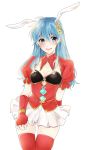  1girl alternate_costume animal_ears aqua_hair arm_behind_back blue_eyes breasts bunny_ears cleavage eirika fake_animal_ears fingerless_gloves fire_emblem fire_emblem:_seima_no_kouseki fire_emblem_heroes flower gloves hair_flower hair_ornament highres long_hair nintendo parted_lips red_gloves red_legwear ryuuuuuuvi short_sleeves simple_background skirt small_breasts solo thighhighs white_background white_skirt zettai_ryouiki 