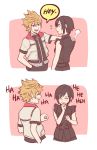  1boy 1girl 2koma black_hair blonde_hair blue_eyes blush comic english_text hand_in_pocket hand_on_shoulder kingdom_hearts kingdom_hearts_iii laughing parody roxas short_hair spider-man:_into_the_spider-verse spiked_hair uketamawawryyyy xion_(kingdom_hearts) 