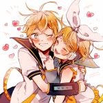  1boy 1girl ;) ^_^ belt blonde_hair blue_eyes blush brother_and_sister clenched_teeth closed_eyes detached_sleeves eyebrows_visible_through_hair eyes_closed frilled_sleeves frills hair_ornament hair_ribbon hairclip headset heart hug kagamine_len kagamine_rin looking_at_another makoji_(yomogi) one_eye_closed open_mouth puffy_short_sleeves puffy_sleeves ribbon sailor_collar shirt short_hair short_sleeves siblings simple_background smile teeth twins upper_body vocaloid white_background white_ribbon white_shirt 