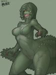  alternate_species animal_humanoid better_version_at_source breasts capcom claws deviljho featureless_breasts female hair hi_res humanoid humanoidized monster_hunter muhut navel nude one_eye_covered saliva scratches simple_background solo tongue video_games yellow_eyes 
