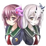  2girls blue_jacket brown_eyes brown_hair commentary_request crescent crescent_moon_pin dual_persona green_sailor_collar heterochromia horns jacket kantai_collection kisaragi_(kantai_collection) long_hair minosu multiple_girls neckerchief red_eyes red_neckwear remodel_(kantai_collection) sailor_collar school_uniform serafuku spoilers upper_body white_hair yellow_eyes 