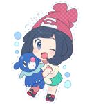  1girl animal beanie black_hair blue_eyes creatures_(company) eyebrows game_freak gen_7_pokemon hat mizuki_(pokemon) nintendo open_mouth pokemon pokemon_(creature) pokemon_(game) pokemon_sm popplio shirt shoes short_hair shorts simple_background unapoppo 