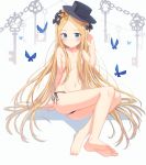  1girl abigail_williams_(fate/grand_order) absurdres animal ass bangs bare_legs barefoot black_bow black_headwear black_panties blonde_hair blue_eyes blush bow breasts bug butterfly chains closed_mouth collarbone commentary_request fate/grand_order fate_(series) forehead hair_bow hair_censor hair_over_breasts hand_up hat highres insect key long_hair looking_at_viewer navel orange_bow panties parted_bangs polka_dot polka_dot_bow revision side-tie_panties small_breasts soles solo topless underwear underwear_only very_long_hair xue_lu 