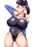  1girl blush breasts huge_breasts megane_man ponytail solo swimsuit 