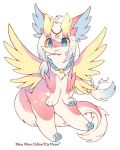  ambiguous_gender anthro blue_eyes chikorita_moon dragon fur furred_dragon hair hi_res jewelry kemono long_hair necklace pink_fur simple_background smile solo standing white_background white_fur wings 