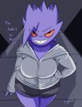  2019 absurd_res anthro anthrofied breasts cigarette clothed clothing comic dialogue digital_media_(artwork) english_text female gengar grin hair hand_on_hip hi_res hoodie inuyuru looking_at_viewer nintendo pok&eacute;mon pok&eacute;mon_(species) pose prostitution purple_hair purple_skin red_sclera short_stack shorts smile solo standing text thick_thighs video_games 