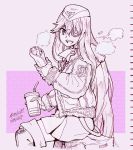  1girl azur_lane ballpoint_pen_(medium) bangs boots breasts burrito drink drinking_straw eyepatch fur_trim garrison_cap gloves hair_between_eyes hat ichinana_(dametetujin17) jacket large_breasts limited_palette long_hair military monochrome scharnhorst_(azur_lane) skirt solo traditional_media uniform 