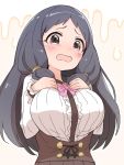  1girl bangs black_hair blush bow breasts brown_eyes brown_skirt center_frills ddak5843 drooling forehead frills hands_on_own_chest hands_up idolmaster idolmaster_cinderella_girls large_breasts long_hair long_sleeves looking_at_viewer oonuma_kurumi open_mouth pink_bow saliva shirt sidelocks skirt solo tears very_long_hair white_shirt 