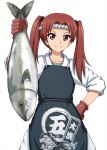  1girl apron bangs black_bow blue_apron bow brown_eyes brown_gloves brown_hair closed_mouth commentary cowboy_shot fish fish_request fukuen_misato girls_und_panzer gloves hachimaki hair_bow hand_on_hip headband highres holding holding_fish kadotani_anzu long_hair long_sleeves looking_at_viewer omachi_(slabco) pants parted_bangs print_apron shirt simple_background sleeves_rolled_up smile solo standing twintails v-shaped_eyebrows white_background white_headband white_pants white_shirt 