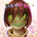  abstract_background brown_hair female flower flower_crown frown green_eyes green_skin hair lizardman looking_at_viewer plant portrait reptile scalie solo souka that_time_i_got_reincarnated_as_a_slime two_tone_body 冰翎鹤 