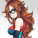  1girl android_21 black-framed_eyewear blue_eyes breasts brown_hair checkered checkered_dress closed_mouth commentary_request curly_hair detached_sleeves dragon_ball dragon_ball_fighterz dress earrings glasses hoop_earrings jewelry long_hair looking_at_viewer looking_back lowres medium_breasts simple_background sleeveless sleeveless_dress smile solo st62svnexilf2p9 two-tone_dress upper_body very_long_hair 