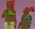  1boy 1girl abs big_nose dark_skin earrings ganondorf gerudo jewelry meme nintendo ponytail purple_background red_hair size_difference the_legend_of_zelda zicygomar 