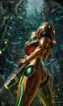  alien glowing glowing_eyes highres jungle leaf looking_back metroid metroid_prime metroid_prime_3:_corruption nature nintendo plant rain samus_aran spikes varia_suit vines water_drop zuma_(zuma_yskn) 