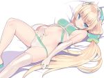  1girl angela_balzac bangs bare_shoulders bed_sheet bikini blade_(galaxist) blonde_hair blue_eyes blush breasts closed_mouth commentary_request elbow_gloves eyebrows_visible_through_hair gloves green_bikini_top hair_between_eyes hair_ornament hand_in_bikini headgear long_hair looking_at_viewer low_twintails lying medium_breasts mismatched_bikini navel on_back rakuen_tsuihou single_thighhigh skindentation solo star star_hair_ornament swimsuit thighhighs twintails very_long_hair white_bikini_bottom white_gloves white_legwear 