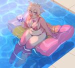  &lt;3 anthro arm_support beverage big_breasts bikini blonde_hair blush breasts cleavage clothed clothing cloven_hooves day domestic_pig female floppy_ears food fruit hair hi_res high-angle_view holding_glass holding_object hooves jush looking_at_viewer mammal melon muffin_top multicolored_skin nipple_outline outside overweight partially_submerged pig_nose pink_nose pink_skin pink_theme pool_toy purple_eyes shadow sitting smile snout solo suid suina sunshine sus_(pig) swimming_pool swimsuit tan_skin two_tone_skin water watermelon 