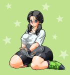  1girl black_hair blue_eyes breasts dragon_ball full_body highres large_breasts long_hair looking_at_viewer sitting solo thick_thighs thighs videl wrato 