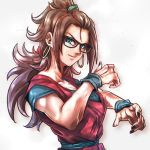  1girl android_21 black-framed_eyewear black_nails blue_eyes blue_shirt brown_hair closed_mouth collarbone commentary_request cosplay curly_hair dougi dragon_ball dragon_ball_fighterz earrings fighting_stance glasses hair_ornament hands_up hoop_earrings jewelry long_hair lowres nail_polish ponytail scrunchie shirt simple_background smile solo son_gokuu st62svnexilf2p9 upper_body v-shaped_eyebrows very_long_hair wristband 