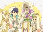  2boys 2girls alfonse_(fire_emblem) animal animal_ears arm_hug blonde_hair blue_eyes blue_gloves blue_hair brother_and_sister bunny bunny_ears closed_mouth dark_skin dark_skinned_male eyes_closed fake_animal_ears fire_emblem fire_emblem_heroes flower from_side gloves gradient_hair grey_hair hair_flower hair_ornament holding holding_animal long_hair long_sleeves mask multicolored_hair multiple_boys multiple_girls mysterious_man_(fire_emblem) nintendo open_mouth ponytail red_eyes sasaki_(dkenpisss) sharena short_hair siblings signature smile veronica_(fire_emblem) white_gloves 