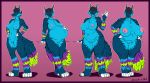 2019 absurd_res anthro big_breasts black_hair blue_fur breasts canid canine female fur greasymojo growth hair hands_on_hips hi_res huge_breasts looking_at_viewer mammal mature_female nipples nude open_mouth pi&ntilde;ata pregnant pussy shark_teeth smile solo thick_thighs voluptuous waving weight_gain wide_hips 