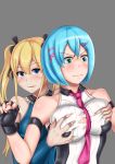  2girls aqua_eyes arm_warmers artist_request bare_shoulders between_breasts blonde_hair blue_eyes blue_hair blush breast_grab breasts dead_or_alive dead_or_alive_6 deep_skin embarrassed fingerless_gloves gloves grabbing hair_ornament hair_ribbon hairclip highres large_breasts leotard long_hair marie_rose multiple_girls naughty_face necktie nico_(doa) open_mouth ribbon shiny shiny_clothes shiny_hair shiny_skin shocked short_hair smile suprised sweat torn_clothes twintails wavy_mouth yuri 