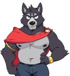  adastra alpha_channel amicus_(adastra) anthro bracelet canid canine canis cape clothing digital_media_(artwork) fangs fur haps jewelry looking_at_viewer male mammal musclegut muscular muscular_male navel nipples pecs simple_background smile solo transparent_background wolf 